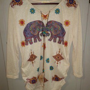 Bohemian elephant print long sleeve V-neck ruched blouse tassels & feathers L